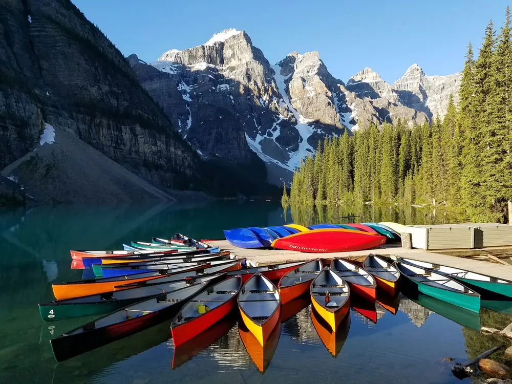 Colorful canoes on the lake.